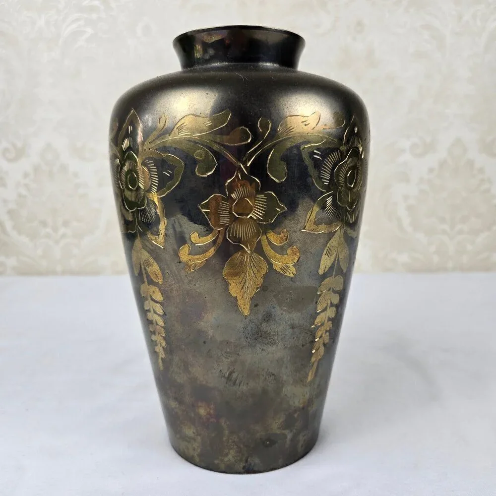 Brass Etched Floral Vase Gold Flowers Vines Leaves Vintage Decor Decoration